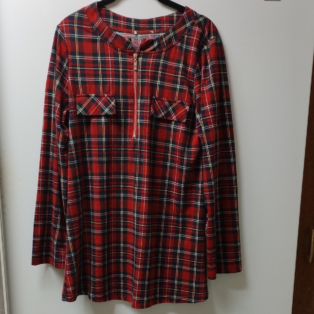 Red Plaid Long Sleeve Tunic Style Top